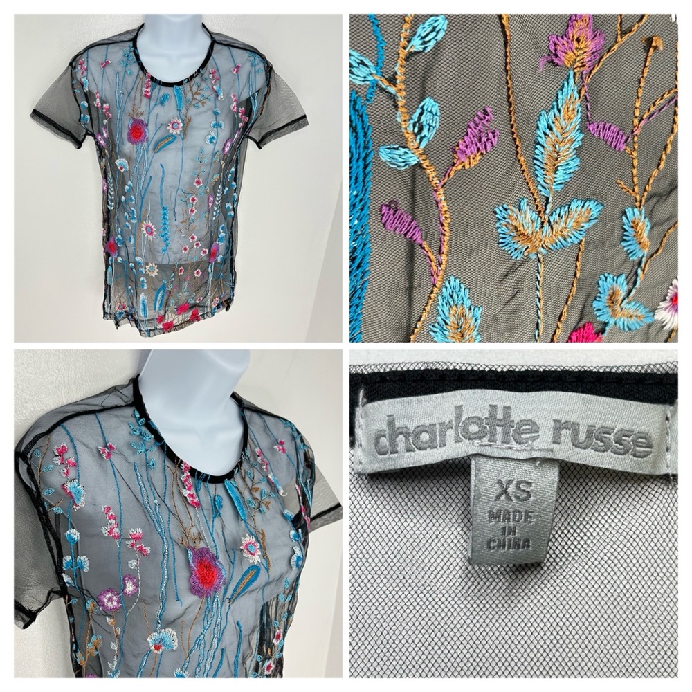 Charlotte Russe Vintage 90s Floral Embroidered Mesh Top Size XS Black Y2K Fairy